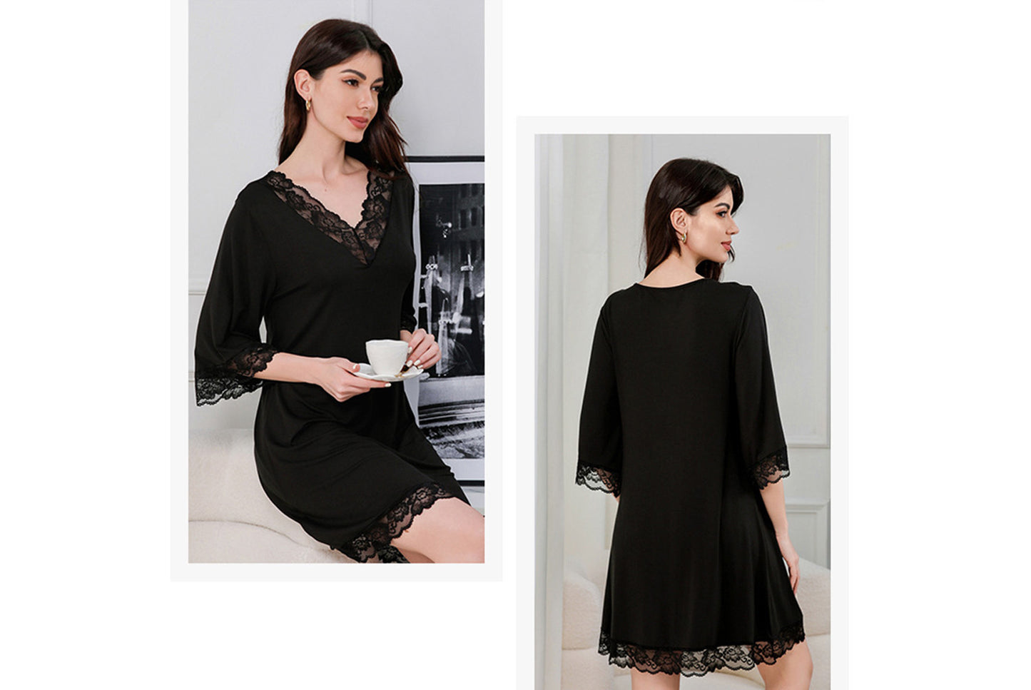 **Women's Sexy Lace V-Neck Cotton Loungewear Pajamas**