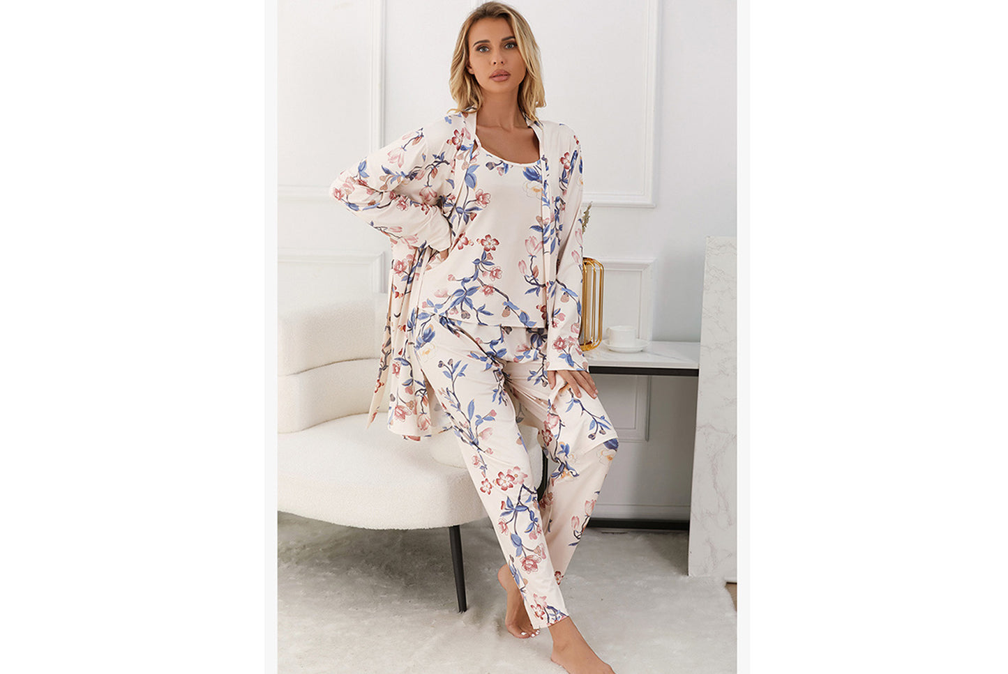 **Three-piece loungewear set with robe, suspenders, and pants**