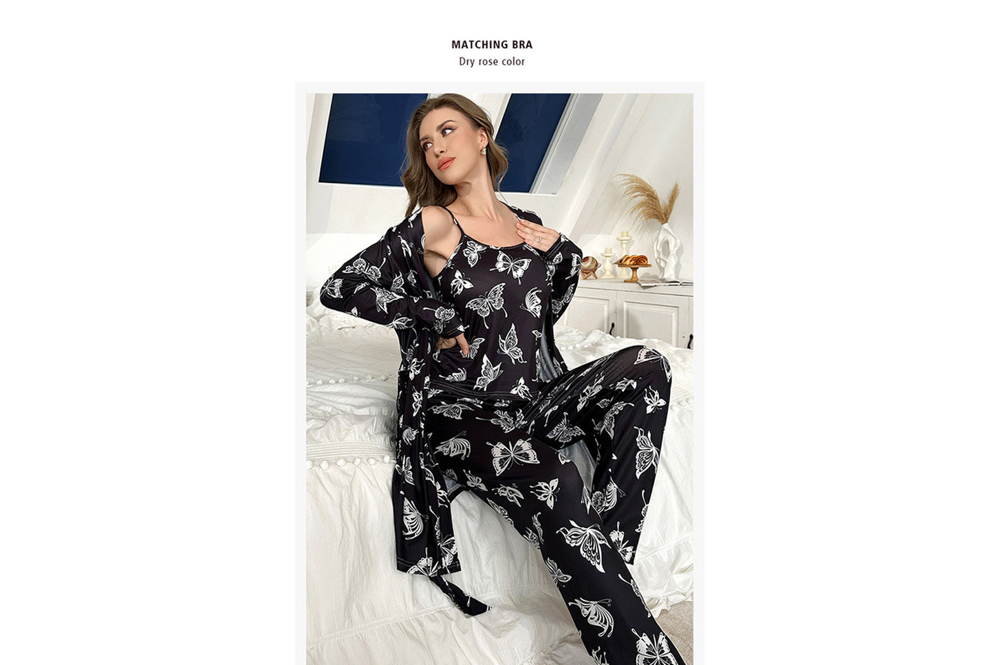 **Three-piece loungewear set with robe, suspenders, and pants**