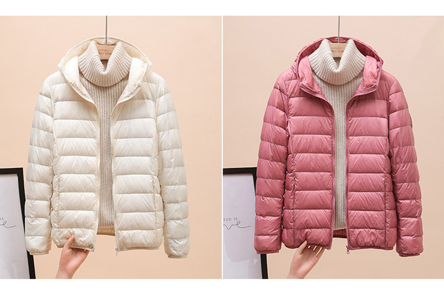 **Ladies short white duck down jacket (lightweight and warm)**