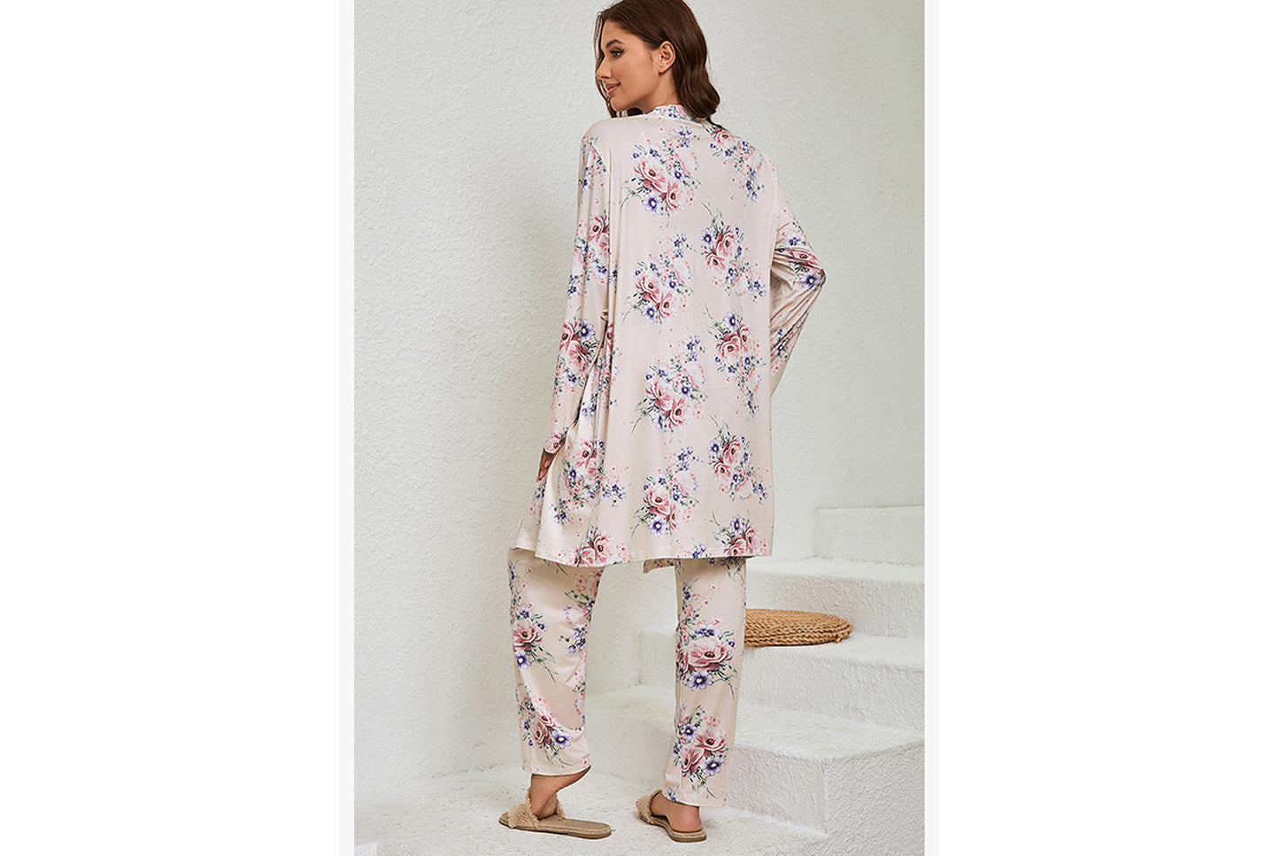 **Three-piece loungewear set with robe, suspenders, and pants**