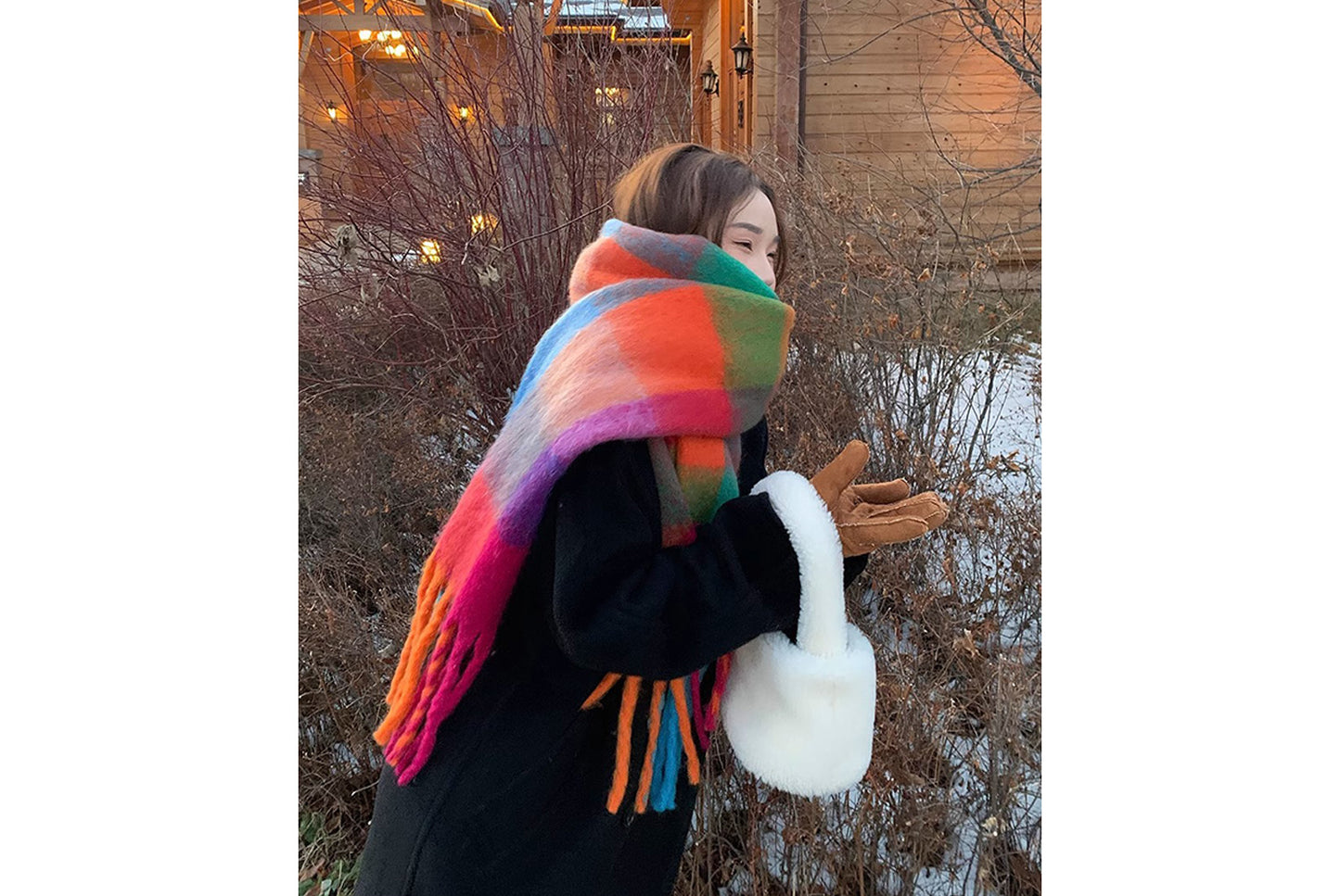 **Rainbow Color-Blocked Checkered Thick Scarf**