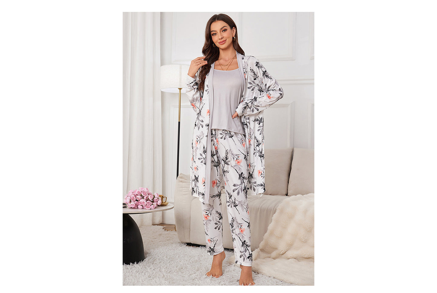 **Three-Piece Nightgown, Pants, and Suspender Nightdress Set**