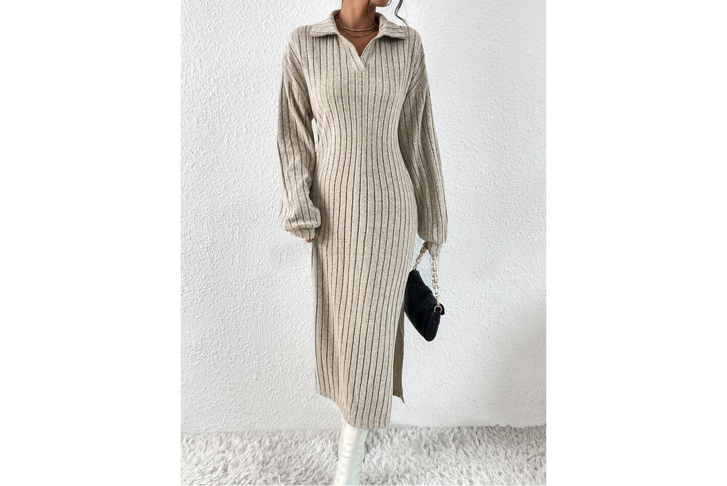 Solid Color Off-Shoulder Slit Dress(No belt)