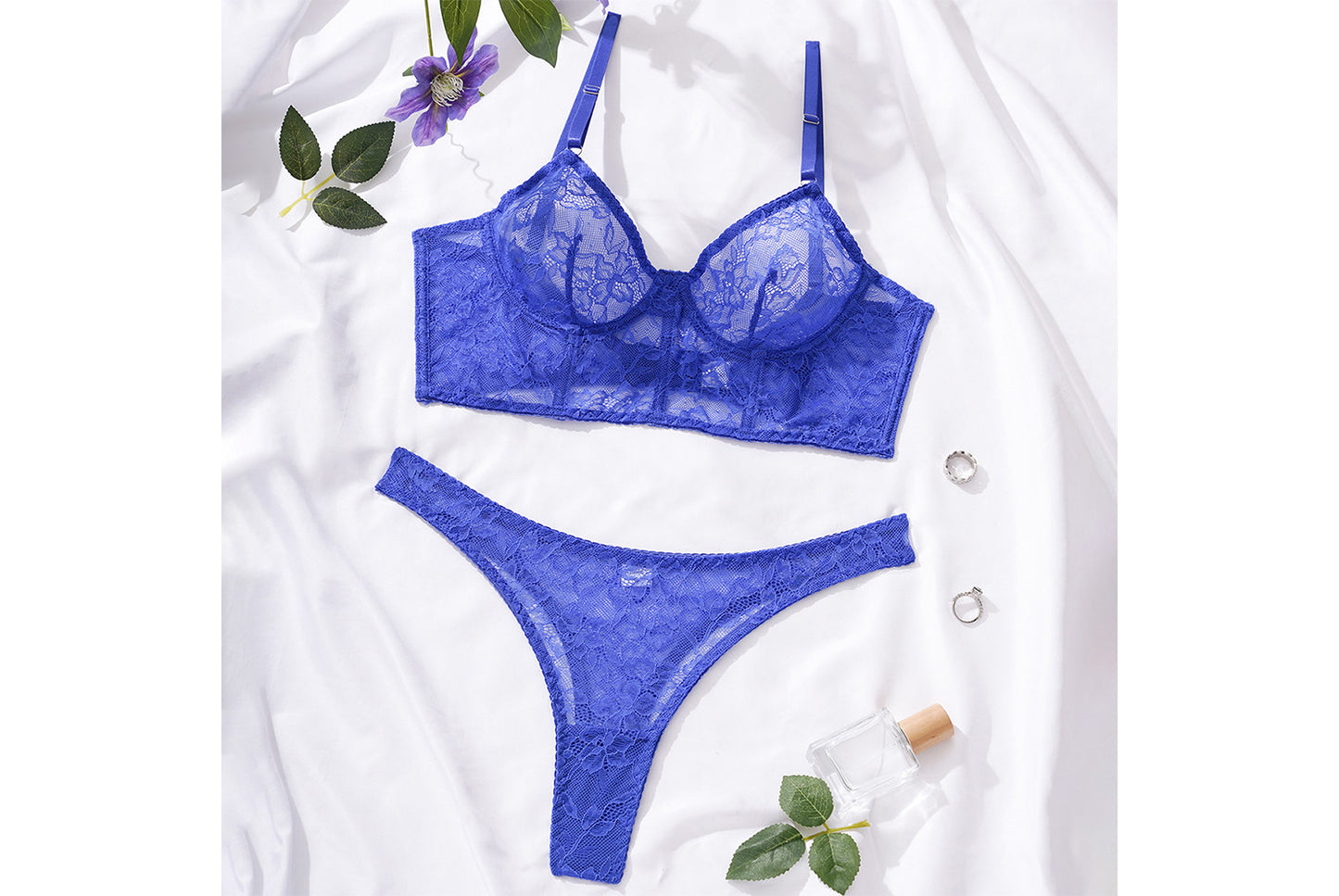 **Lace Floral Fishbone Bra Set - Sexy Sheer Two-Piece Bra**