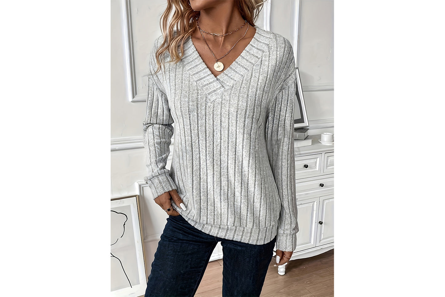 V-Neck Ribbed Long-Sleeve Top