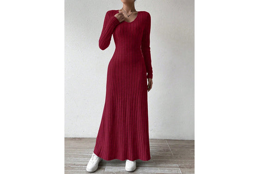 **V-Neck Knit Long Dress | Elegant Slim Fit Women's Wear**