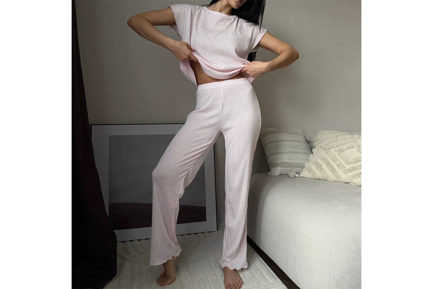 **Women's Jacquard Short-Sleeved Long Pants Pajama Set**