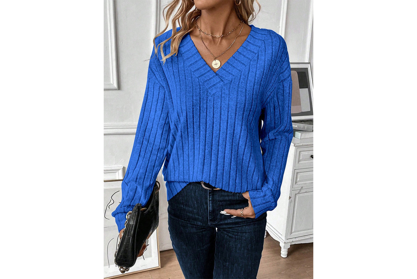 V-Neck Ribbed Long-Sleeve Top