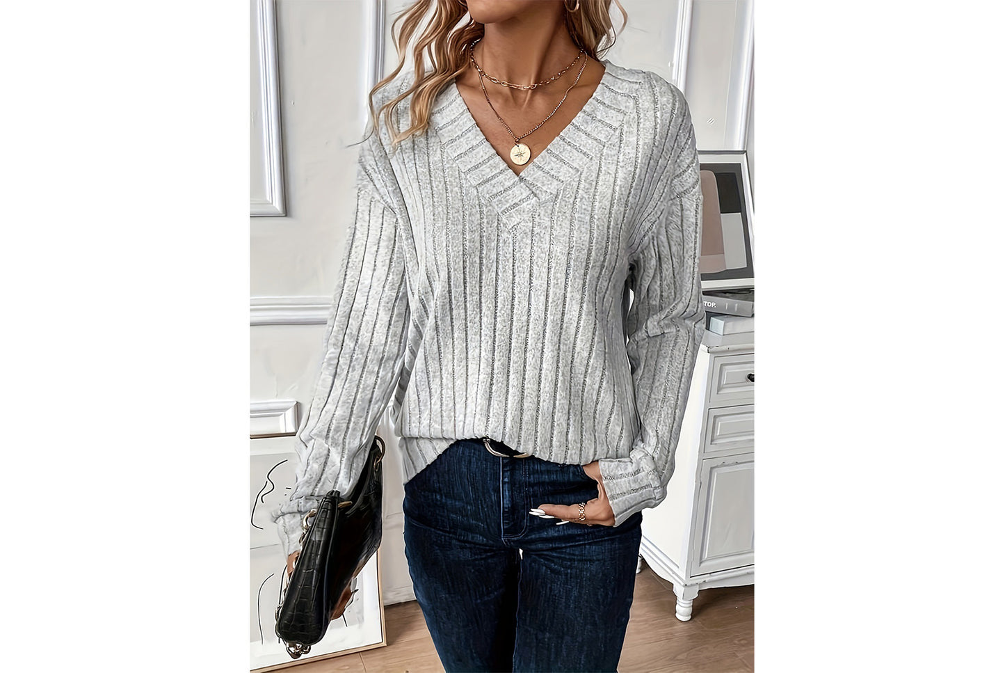 V-Neck Ribbed Long-Sleeve Top