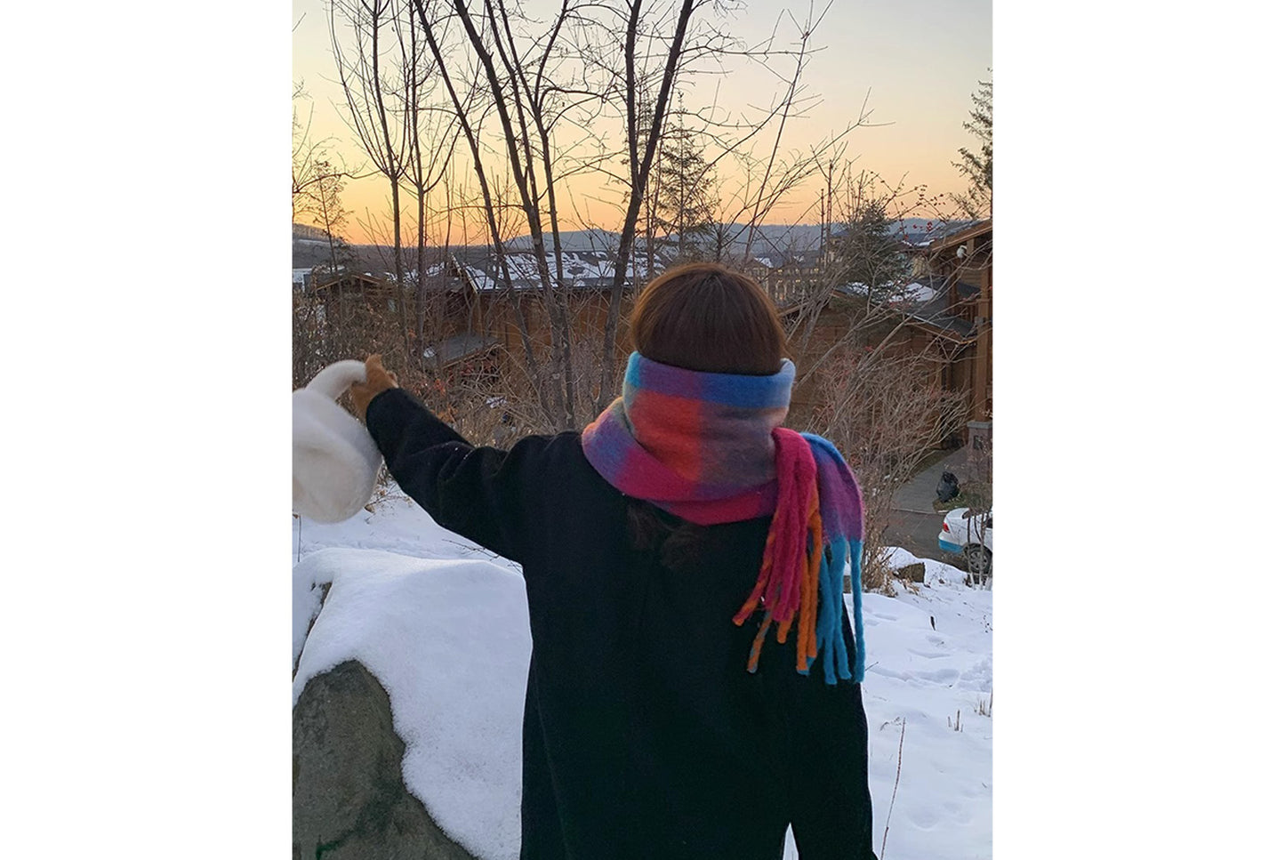 **Rainbow Color-Blocked Checkered Thick Scarf**