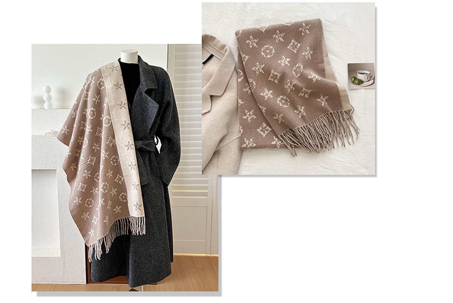 **Double-Sided Jacquard Tassel Scarf - Winter Warmth and Shawl Function**