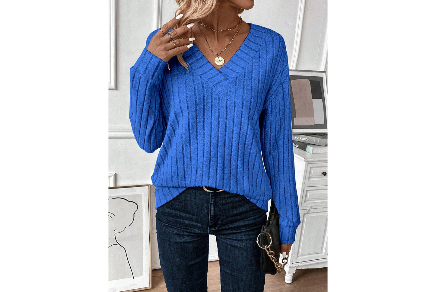 V-Neck Ribbed Long-Sleeve Top