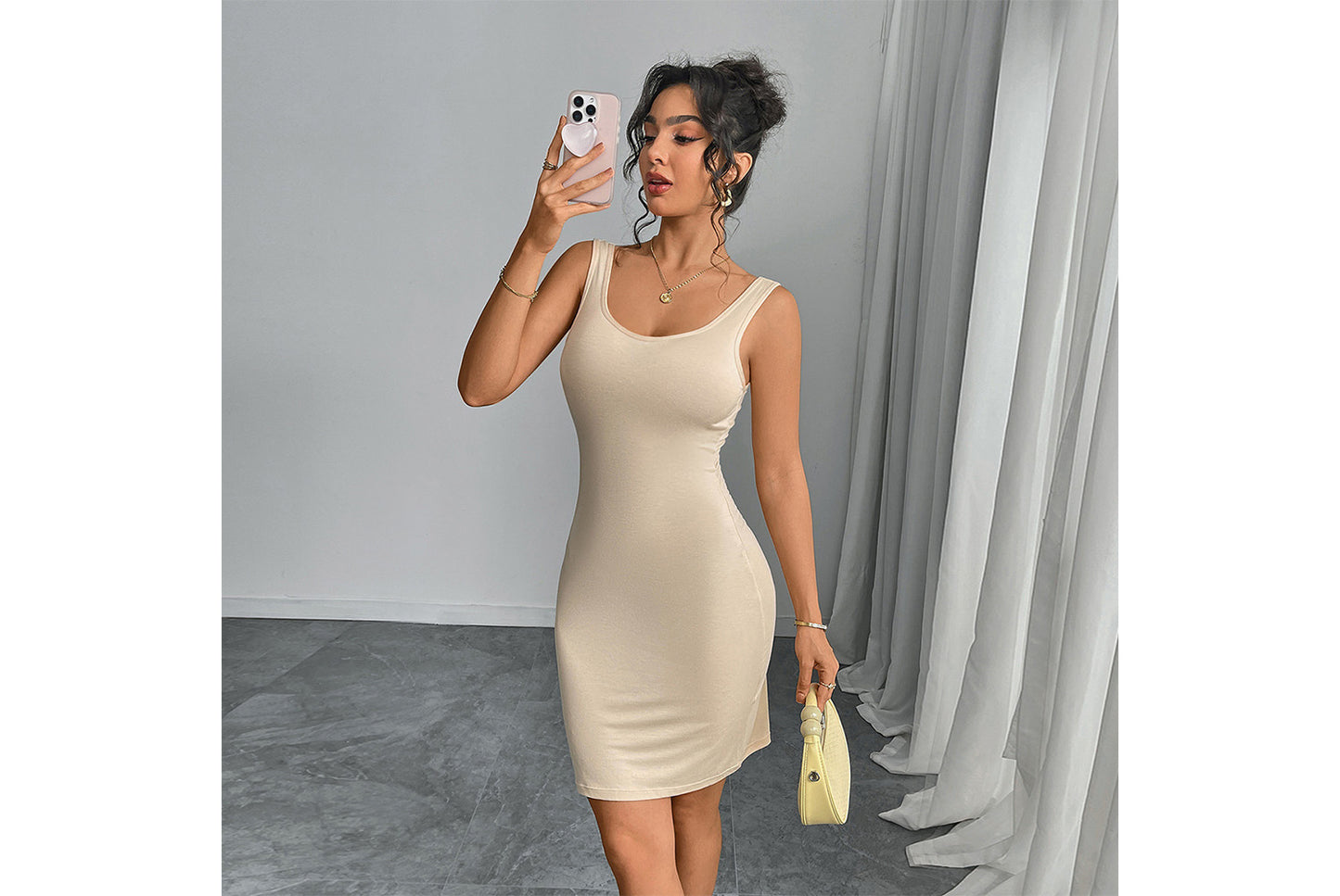 **Summer Solid Color Slip Dress, Long, Waist-Lifting Slimming Dress**