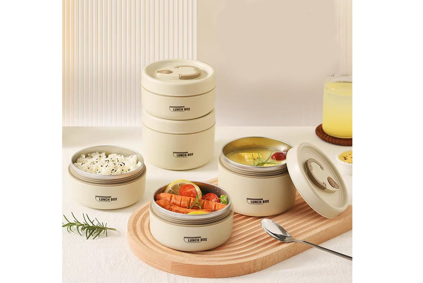 **304 Stainless Steel Insulated Lunch Box (Beige Two-Piece Microwave Oven Set)**