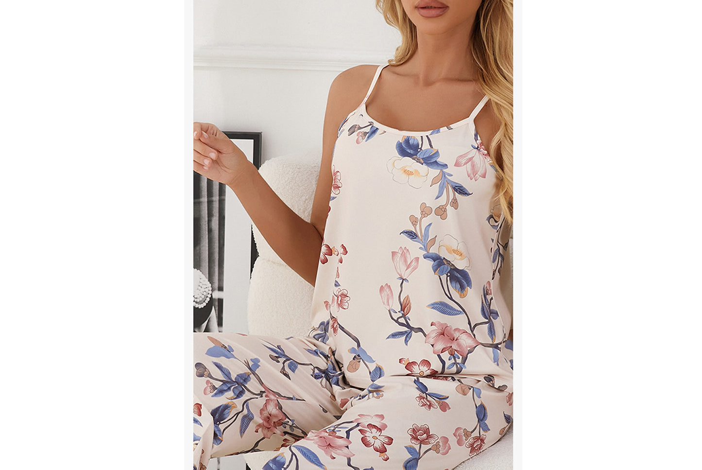 **Three-piece loungewear set with robe, suspenders, and pants**