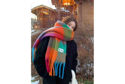 **Rainbow Color-Blocked Checkered Thick Scarf**