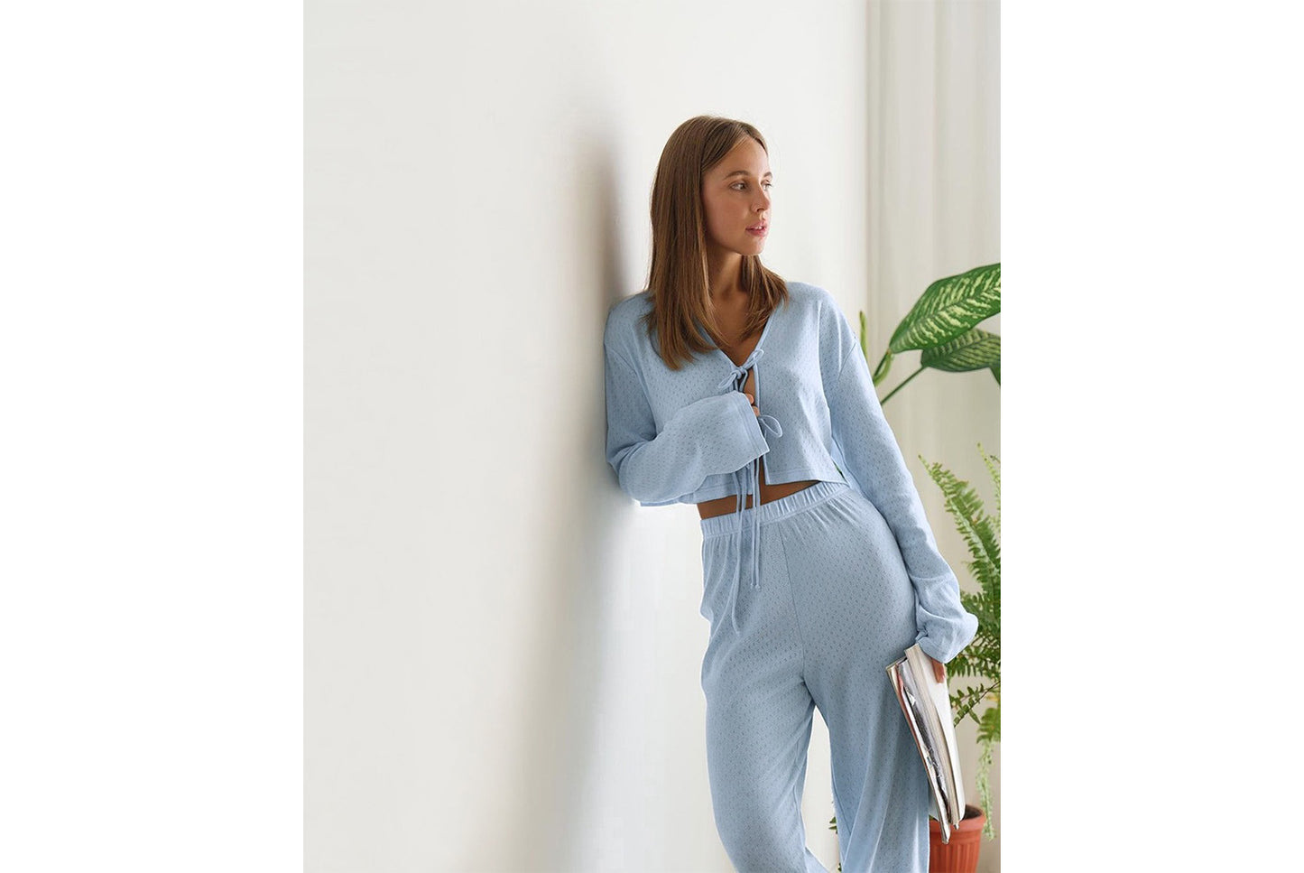 **Breathable Cardigan Pajama Two-Piece Set with Long Sleeves and Pants**