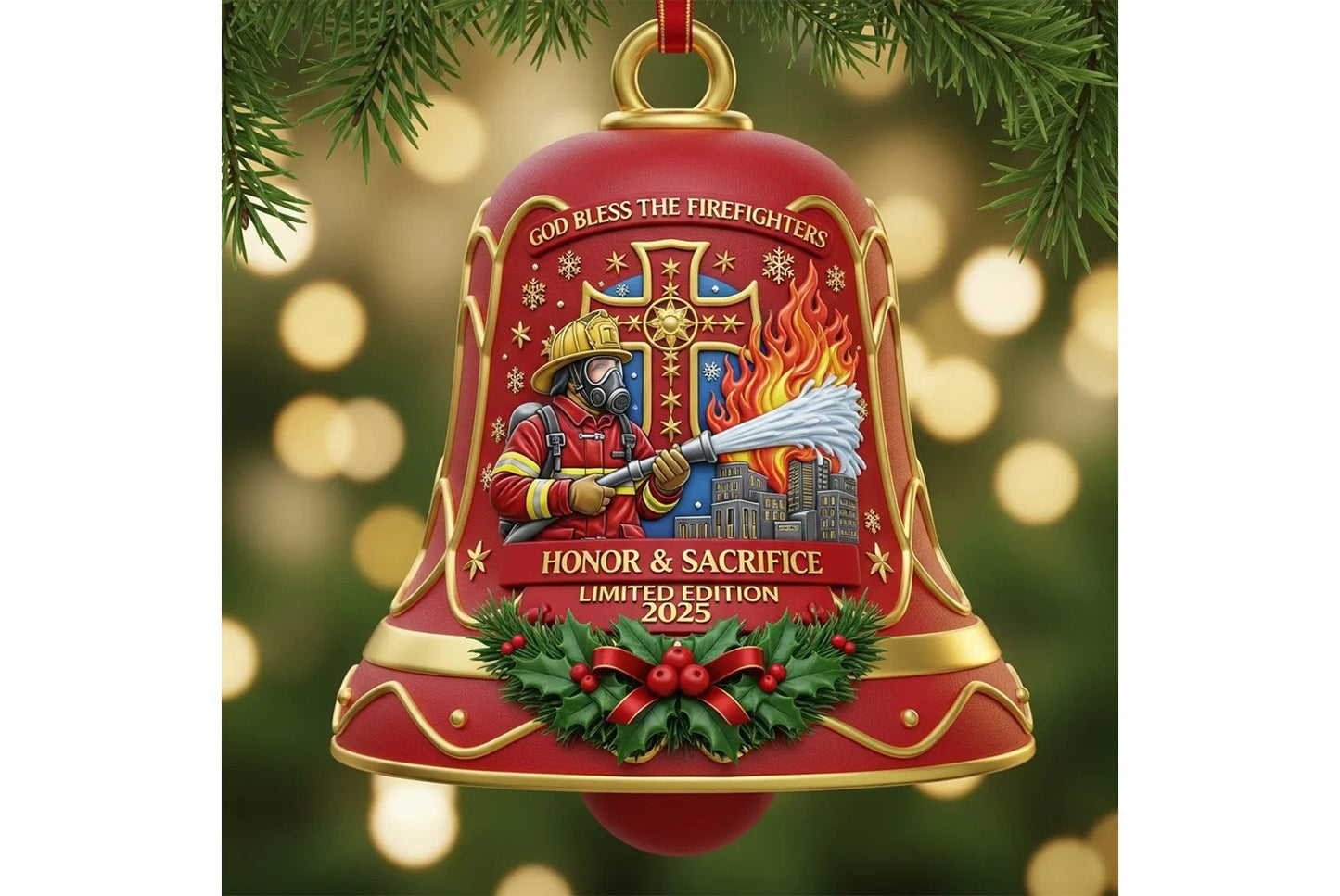 **Firefighter Christmas Bell Ornament | Metal Holiday Ornament**