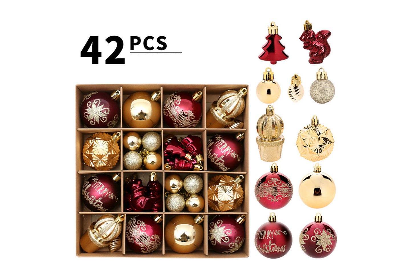 42 Painted Christmas Ball Set - Burgundy and Gold Christmas Tree Ornaments
