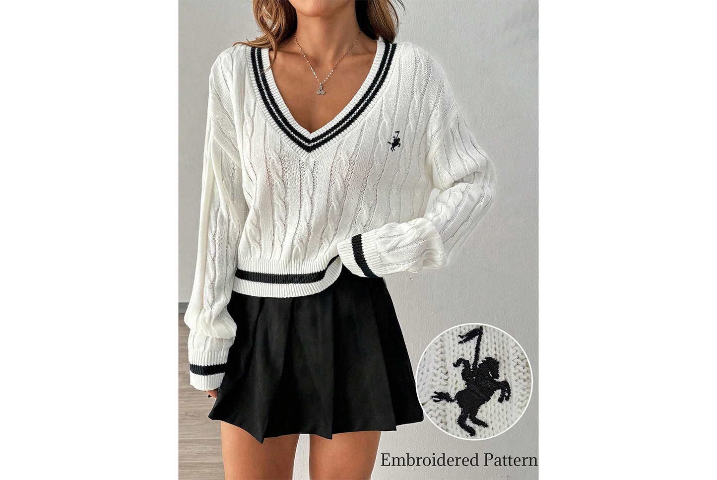 V-Neck Color-Blocked Cable Knit Sweater