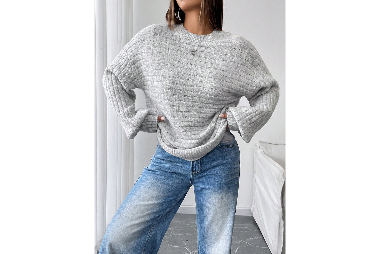 Loose-fitting Ribbed Knit Sweater
