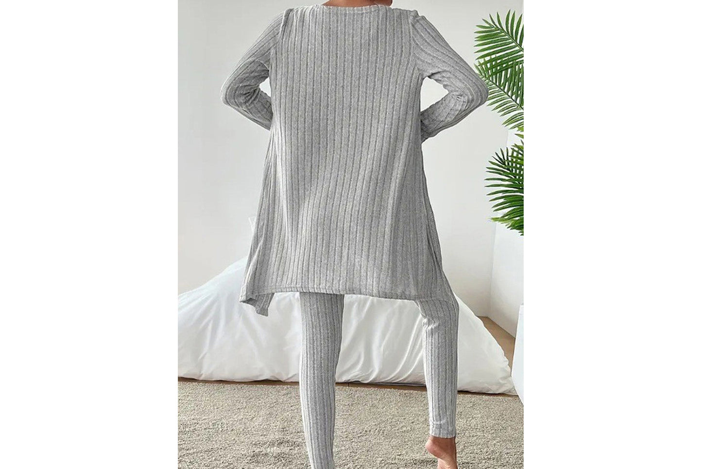 **Designed Round Neck Ribbed Casual Solid Color Women's Three-Piece Set**