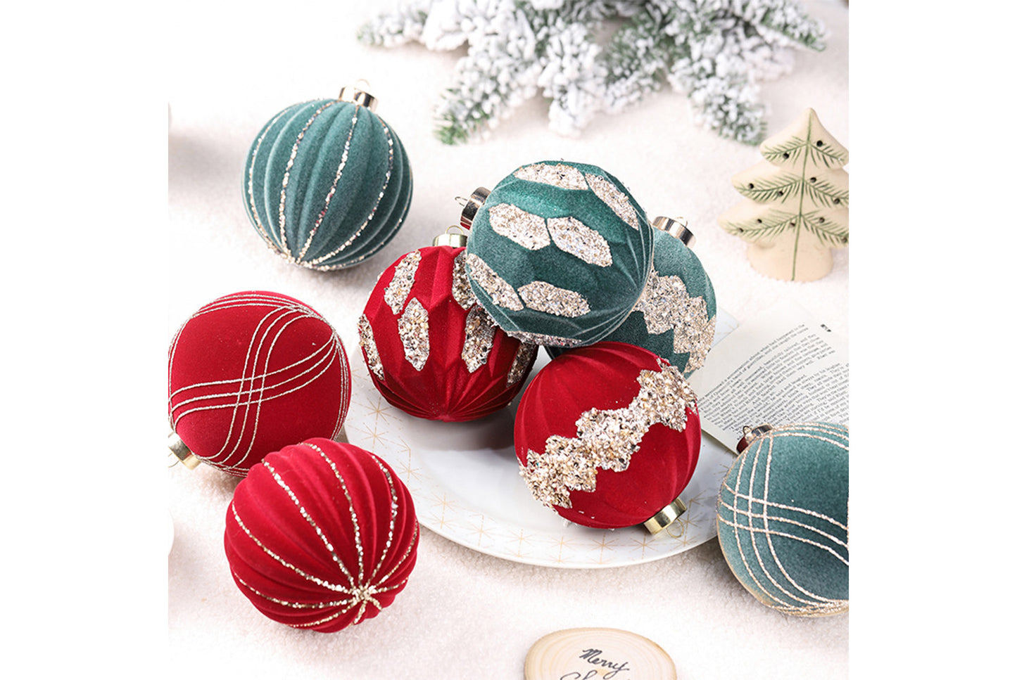 10cm Colored Diamond Flocked Christmas Ball Pendant Set (4-Pack)