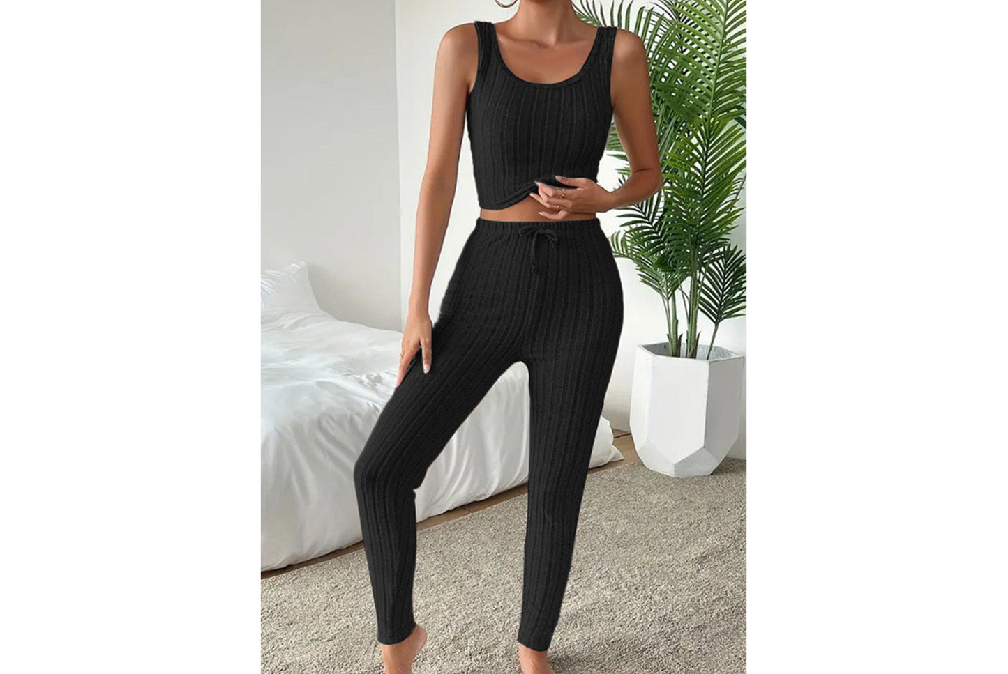**Designed Round Neck Ribbed Casual Solid Color Women's Three-Piece Set**