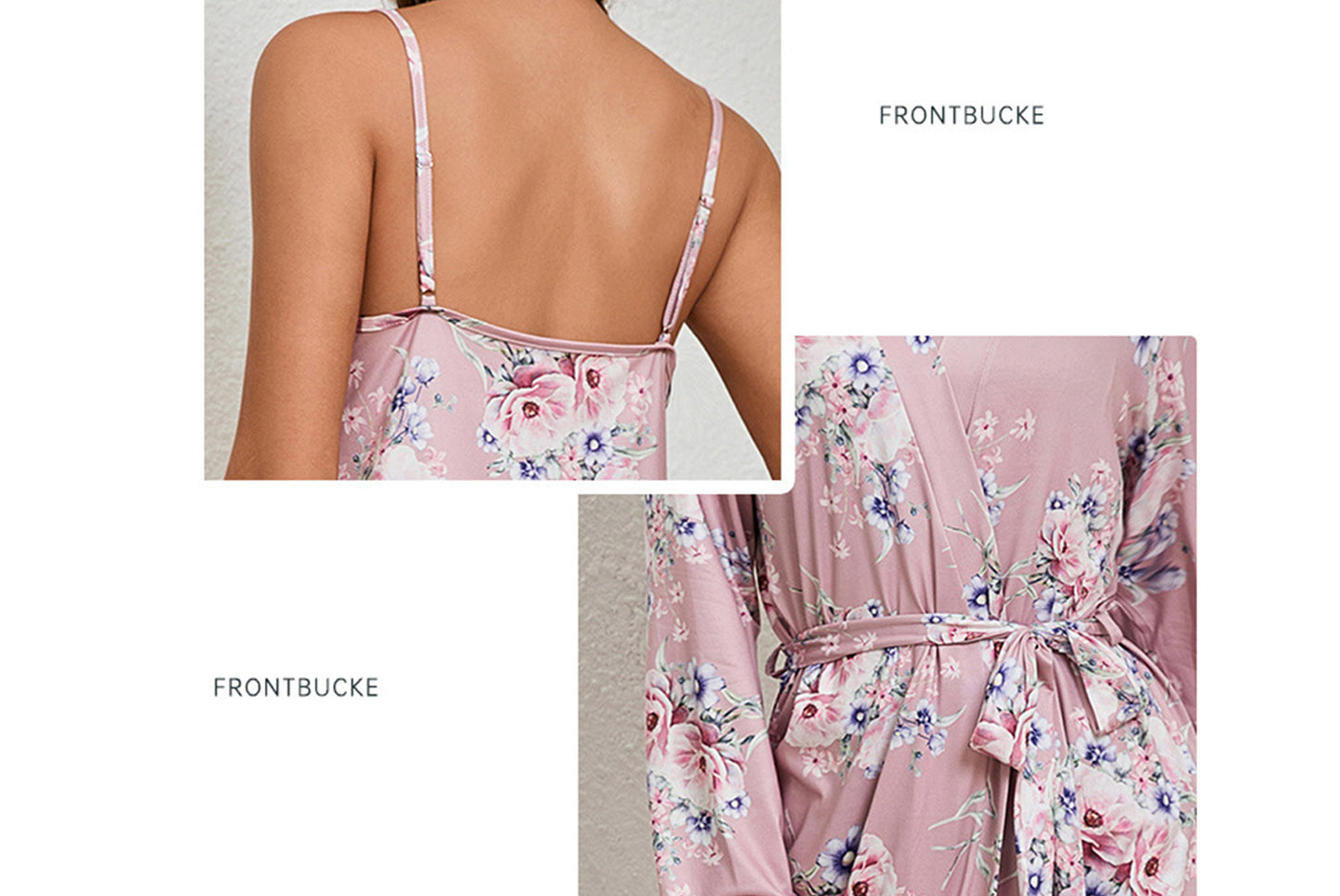 **Three-piece loungewear set with robe, suspenders, and pants**