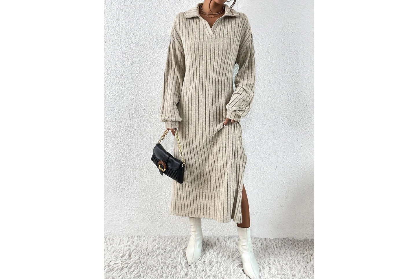 Solid Color Off-Shoulder Slit Dress(No belt)