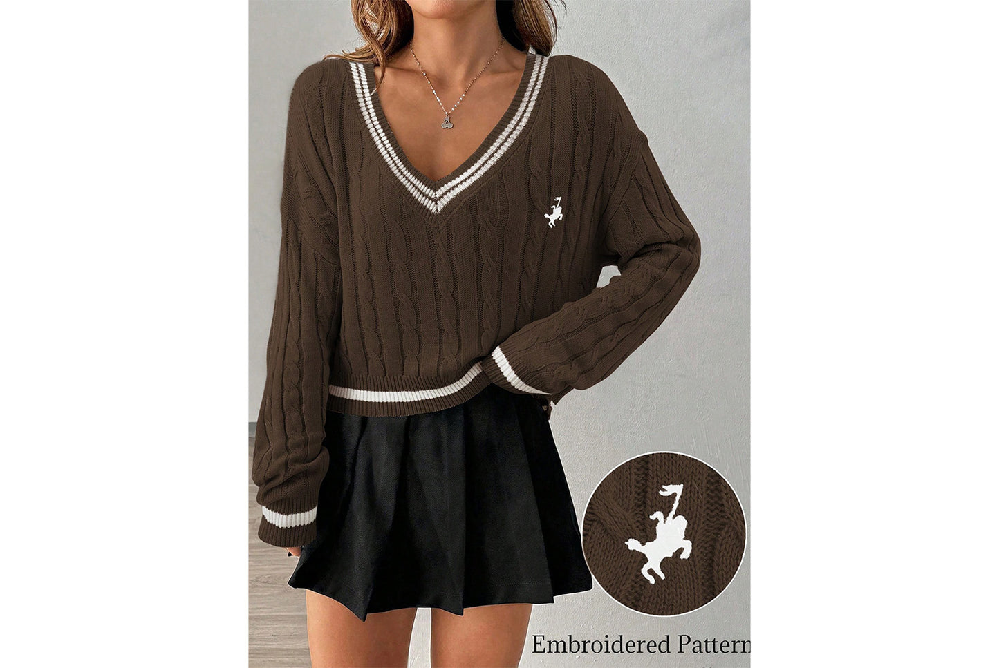 V-Neck Color-Blocked Cable Knit Sweater