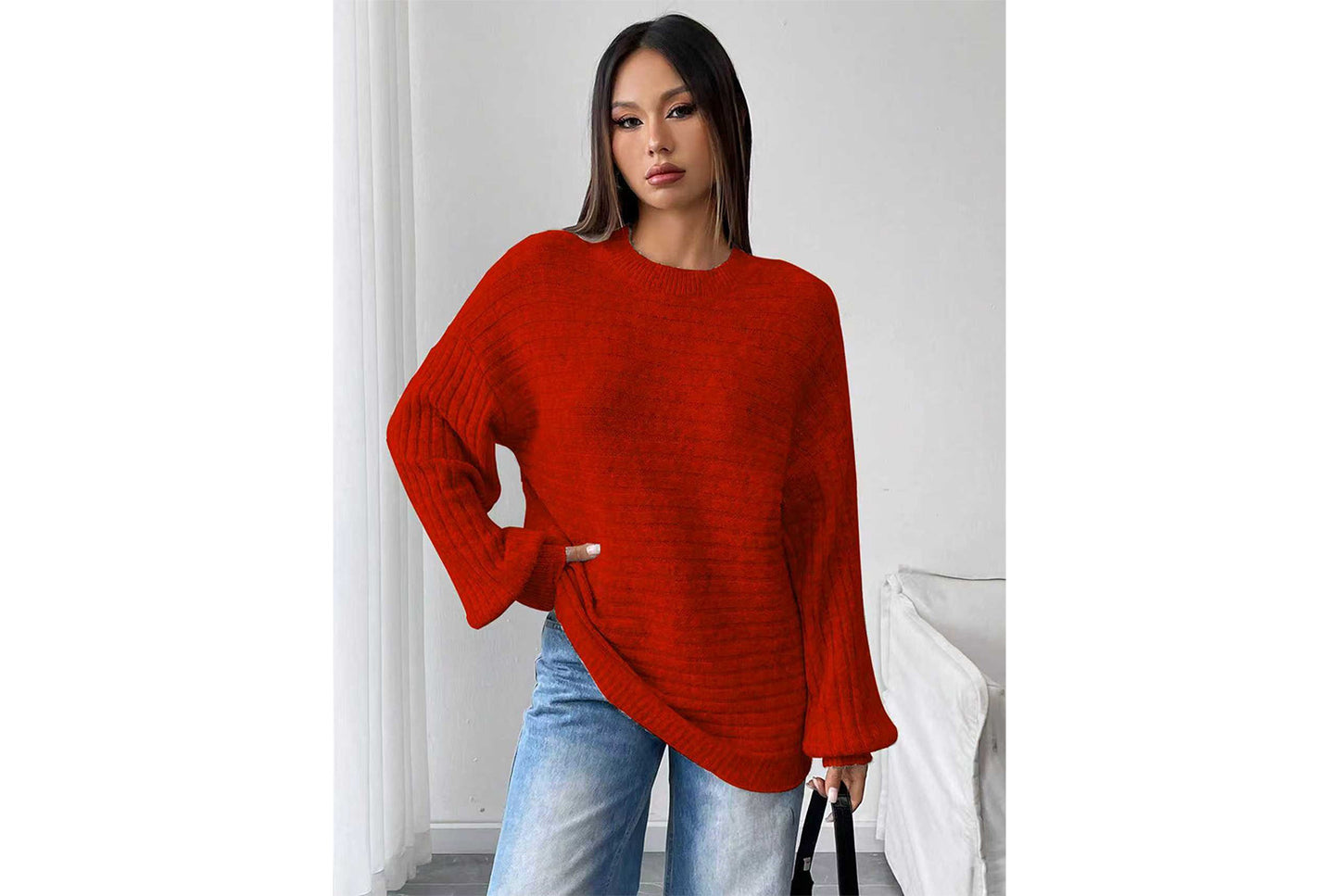 Loose-fitting Ribbed Knit Sweater