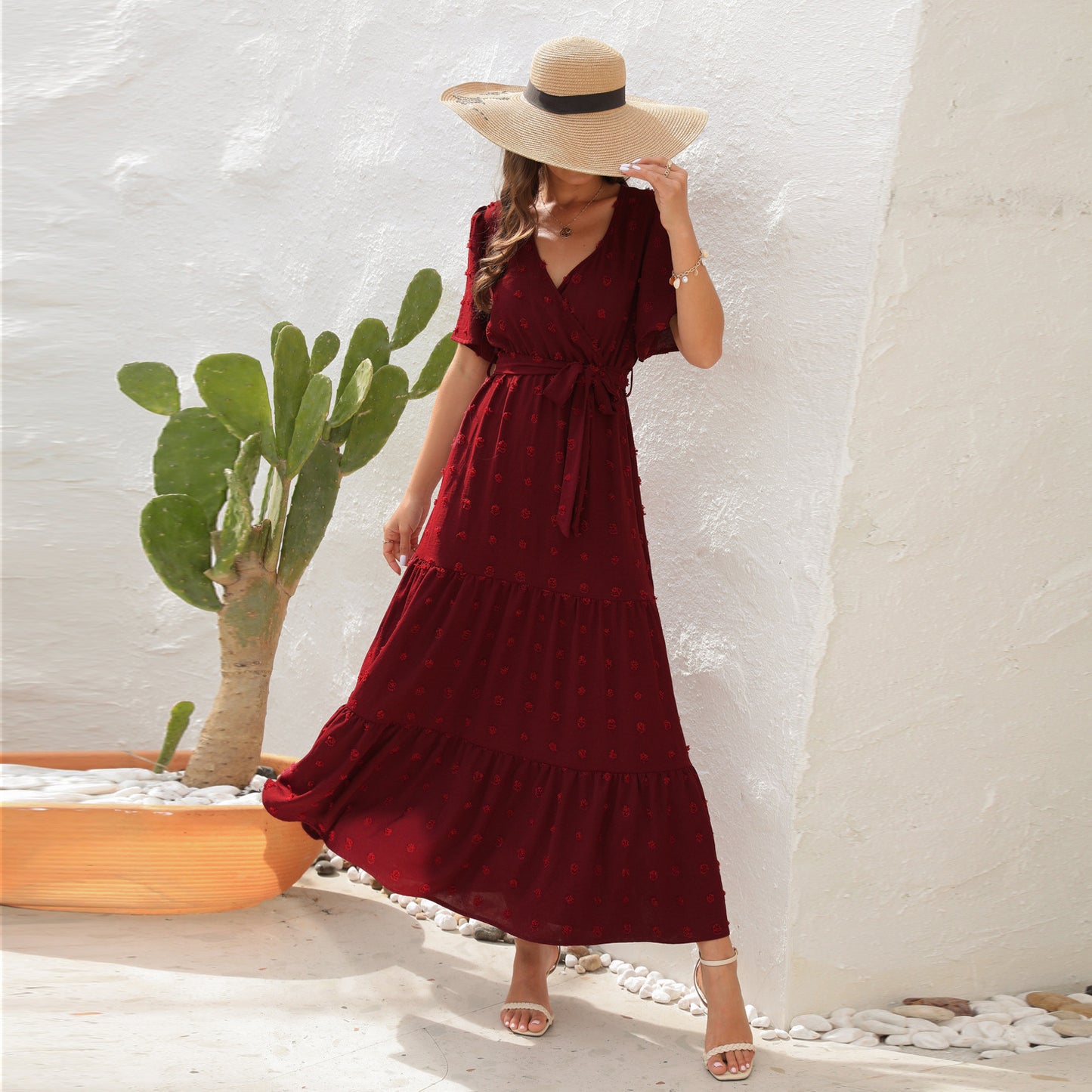 # V-Neck Tie-Waist Long Vacation Dress