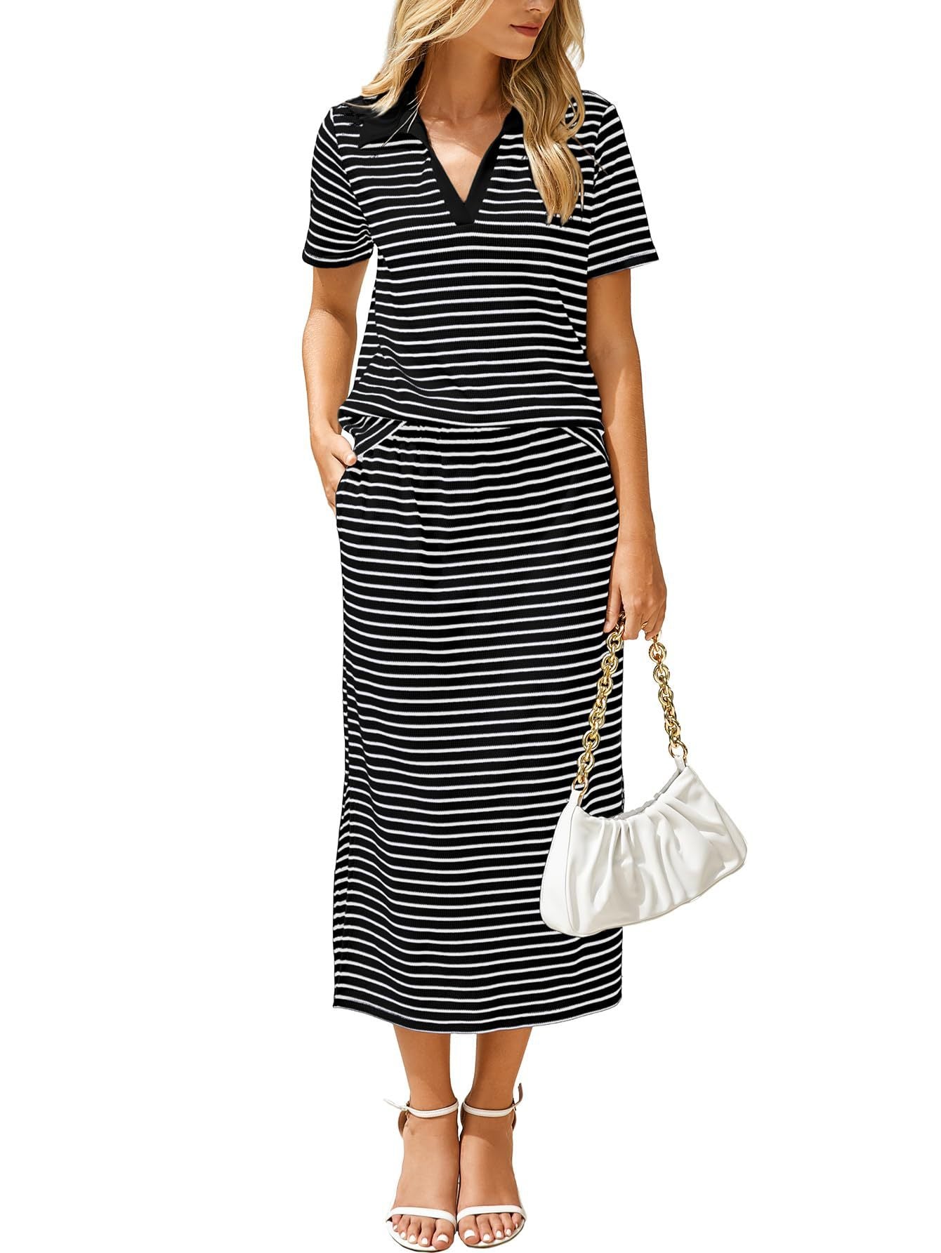 # Two-Piece Set: Collared T-Shirt and Slit Skirt