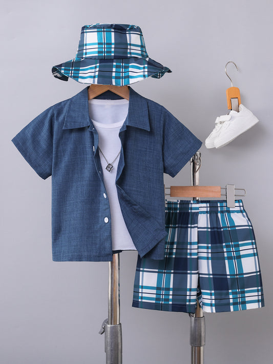 # Boys' Plaid Collared Short-Sleeved Shirt and Shorts Casual Set