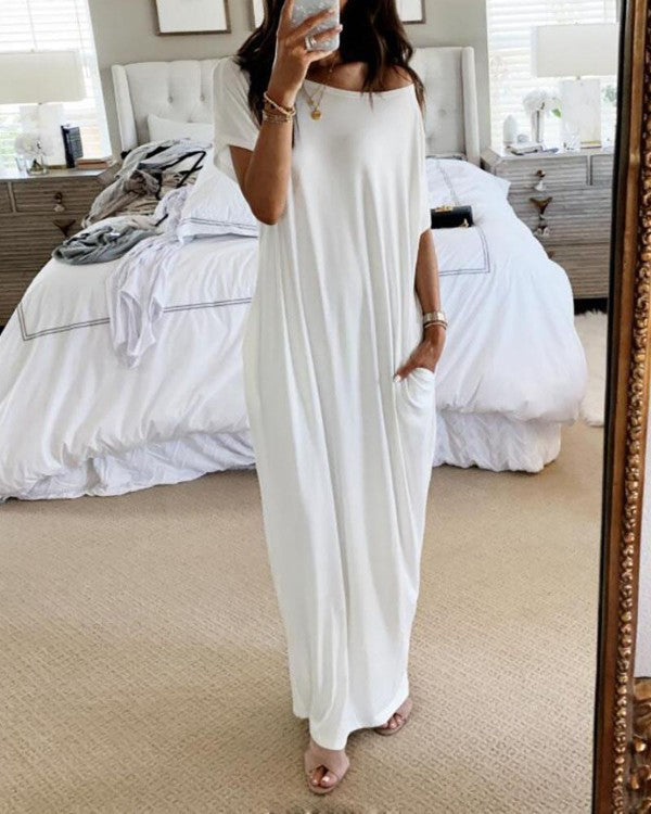 # Solid Color Short-Sleeve Long Casual Dress