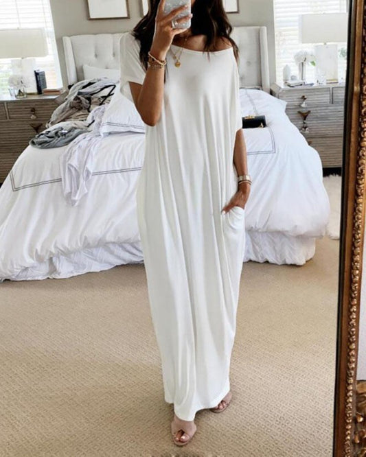 # Solid Color Short-Sleeve Long Casual Dress
