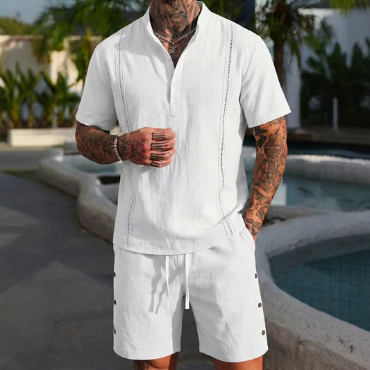 Men's Henley Collar Shirt Shorts Casual Suit