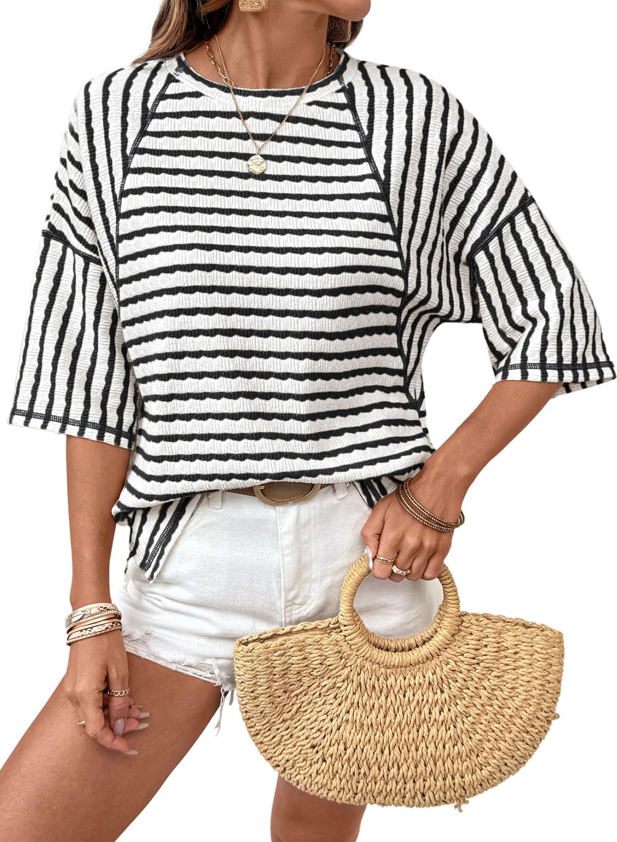 # Women's Striped Short-Sleeve Crew Neck Pullover T-Shirt