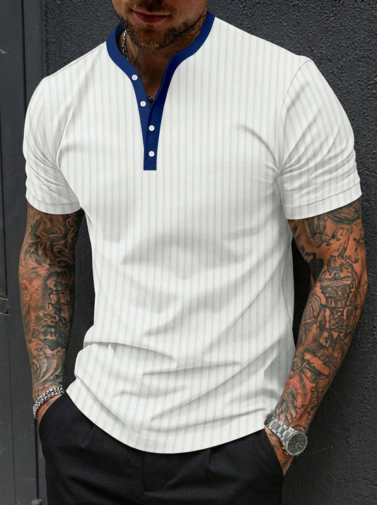 High elastic crater stripe stand collar knitted short-sleeved POLO shirt