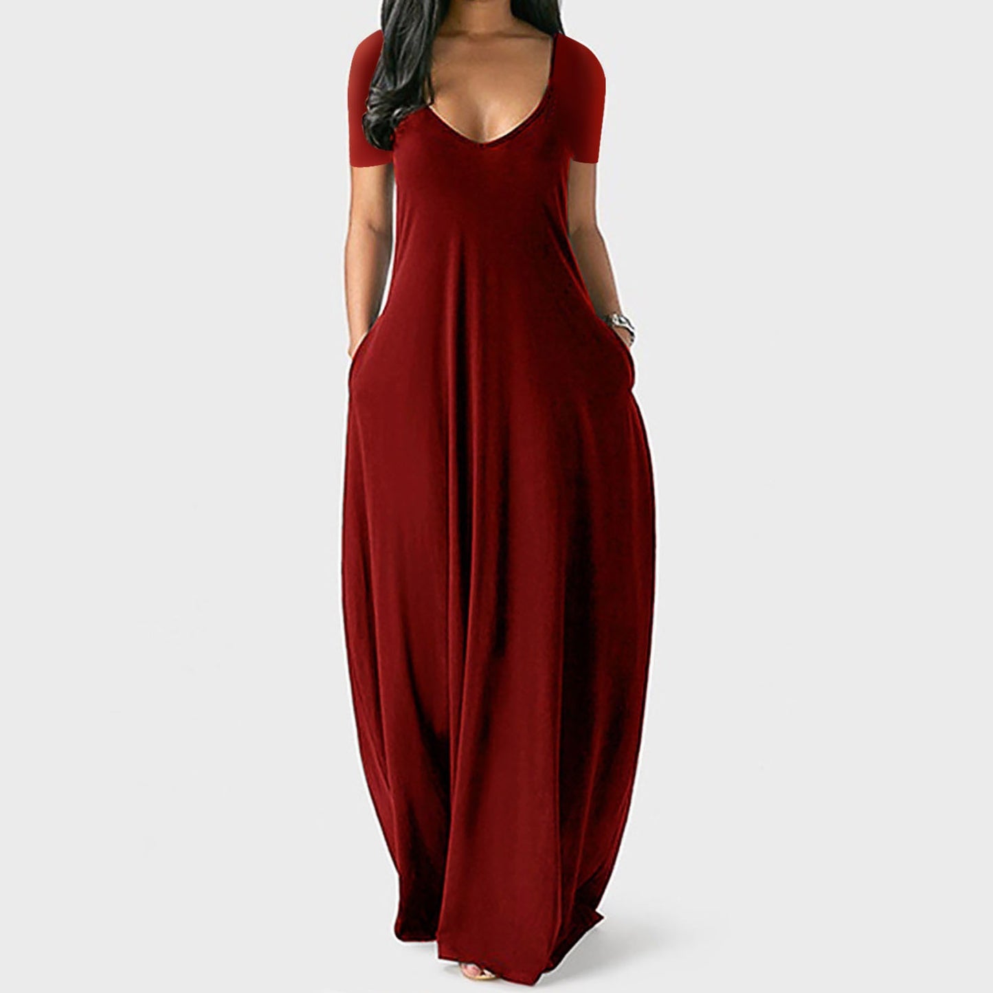 # Solid Color Deep V-Neck Short-Sleeve Plus Size Dress