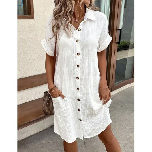 # Solid Color Cotton Linen Button-Up Loose Shirt Dress
