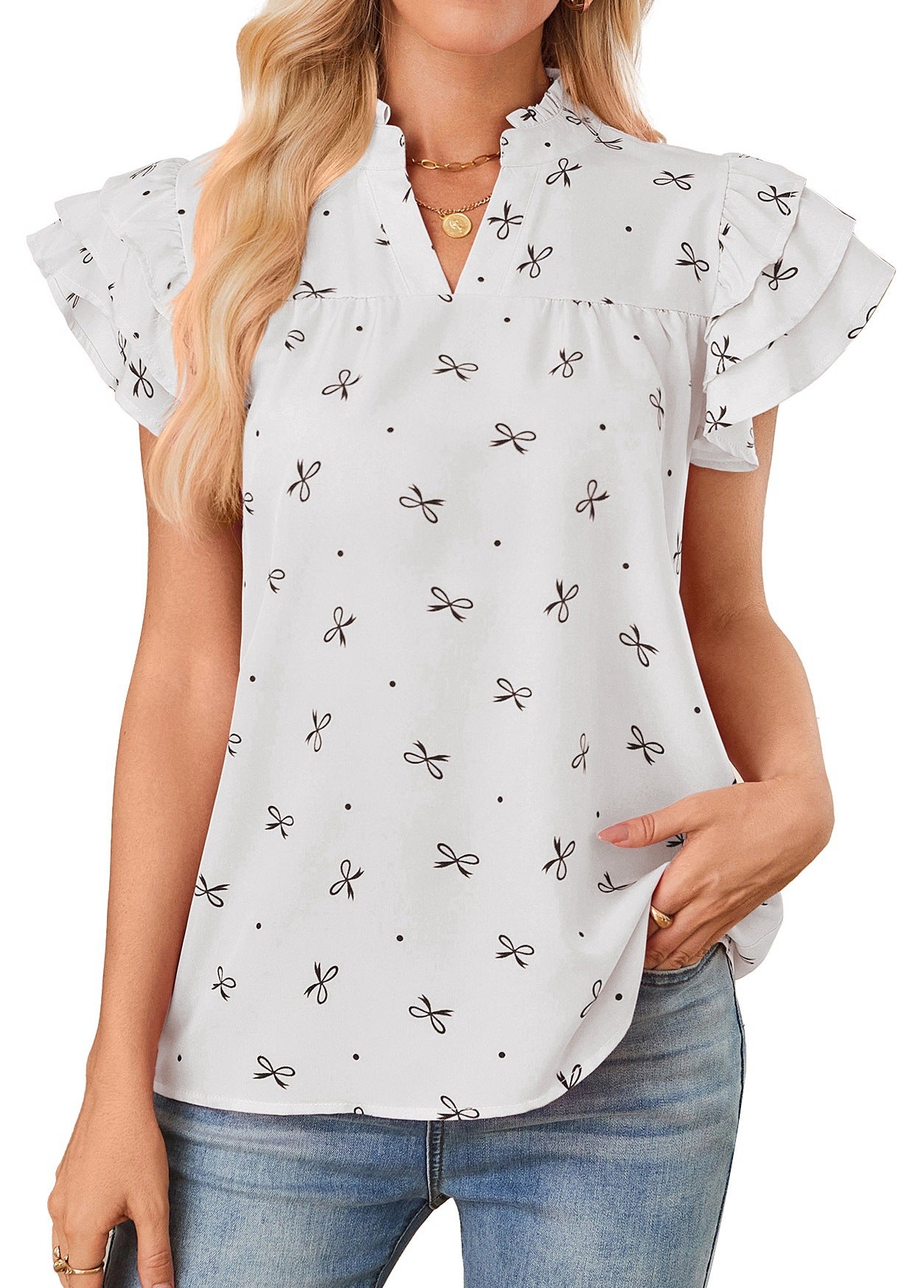 # V-Neck Ruffled Sleeve Women's Top