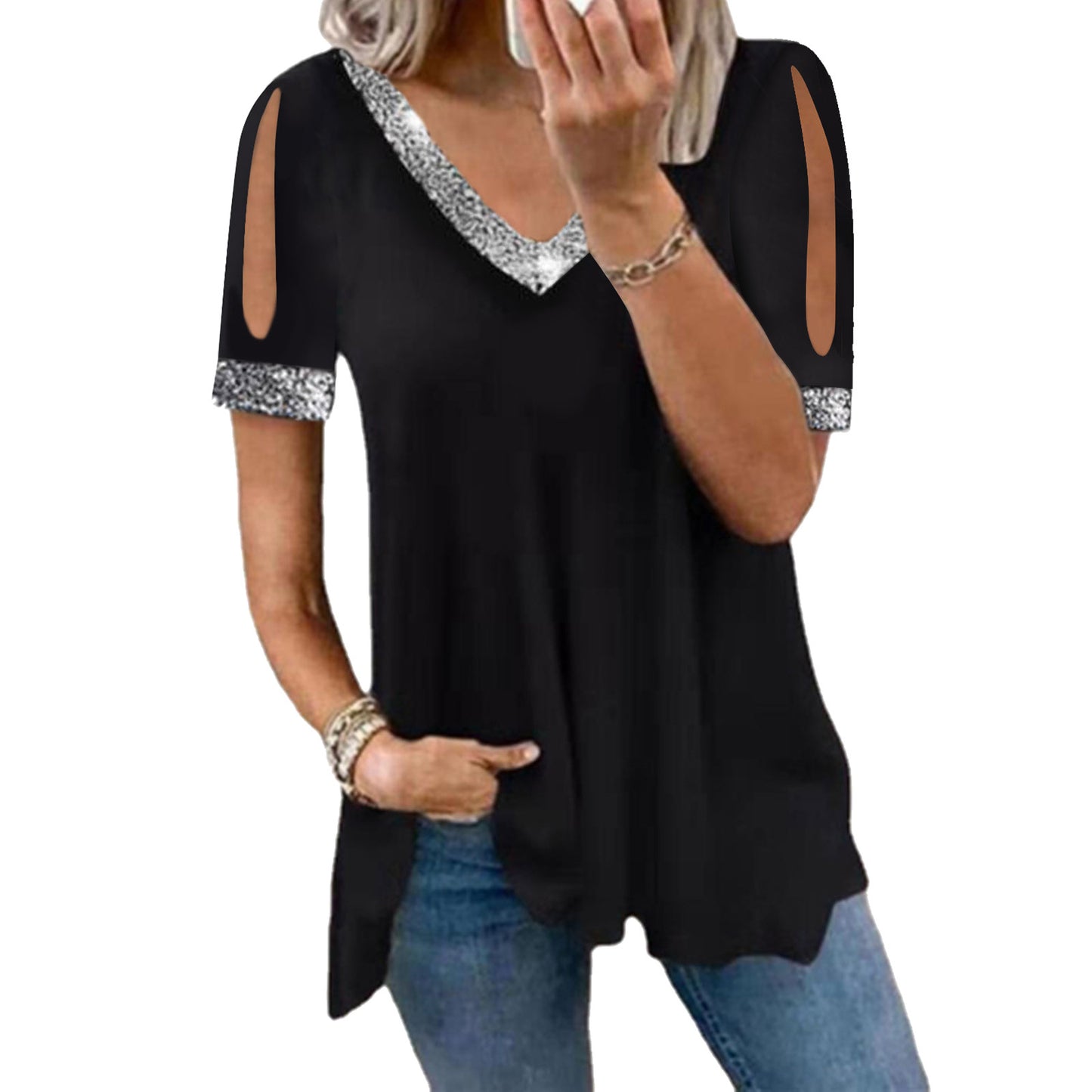 Off-Shoulder Solid Color Sequined Women's T-Shirt