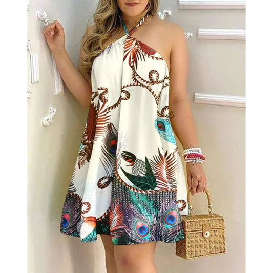 Summer Off-Shoulder Halter Neck Tie-Waist Loose Dress