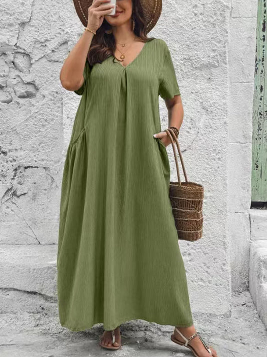 # V-Neck Pleated A-line Plus Size Dress