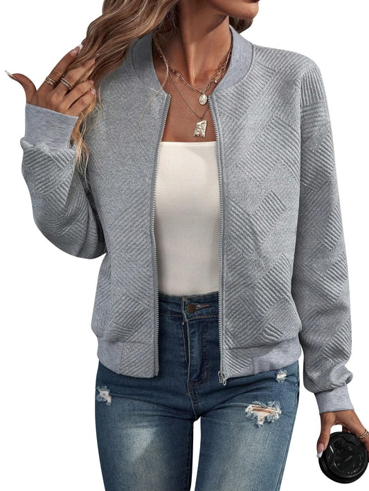 # Women's Baseball Collar Solid Color Zipper Jacket