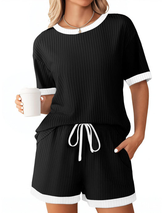 # Solid Color Ribbed Color Block Short-Sleeve Loungewear Set