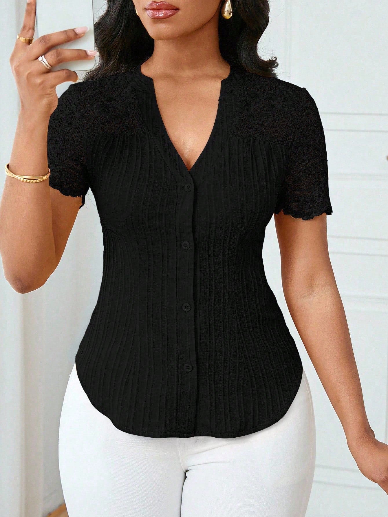 Solid Color Embroidered Hollow-Out Short-Sleeve Top